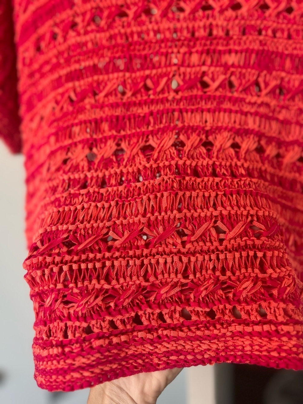 Red Knit V-Neck Openwork Sweater Top - Picture 3 of 3